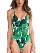 Choies Green Leaves Print Cut Out Detail Swimsuit