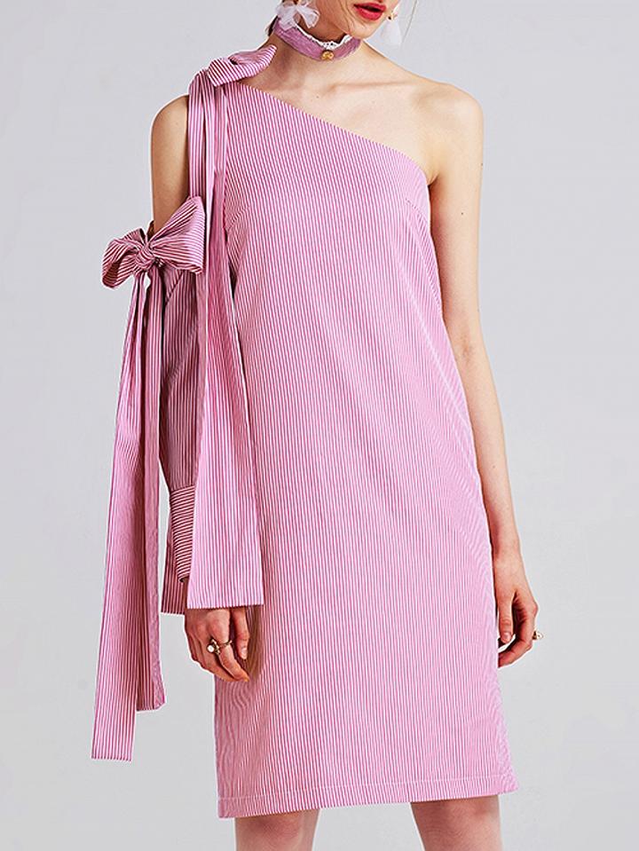 Choies Pink Stripe One Shoulder Bow Detail Long Sleeve Shift Dress