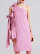 Choies Pink Stripe One Shoulder Bow Detail Long Sleeve Shift Dress