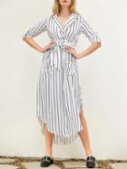 Choies White V-neck Stripe Long Sleeve Shirt Dress