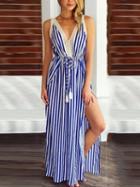 Choies Blue Stripe V-neck Drawstring Waist Thigh Split Side Maxi Dress