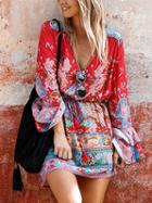 Choies Red V-neck Drawstring Waist Print Detail Long Sleeve Mini Dress