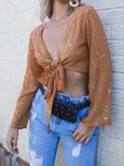 Choies Khaki Plunge Star Sequin Detail Long Sleeve Chic Women Crop Blouse