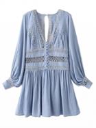 Choies Blue Plunge V-neck Cut Out Detail Back Split Long Sleeve Dress