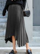 Choies Black High Waist Asymmetric Hem Pleated Midi Skirt