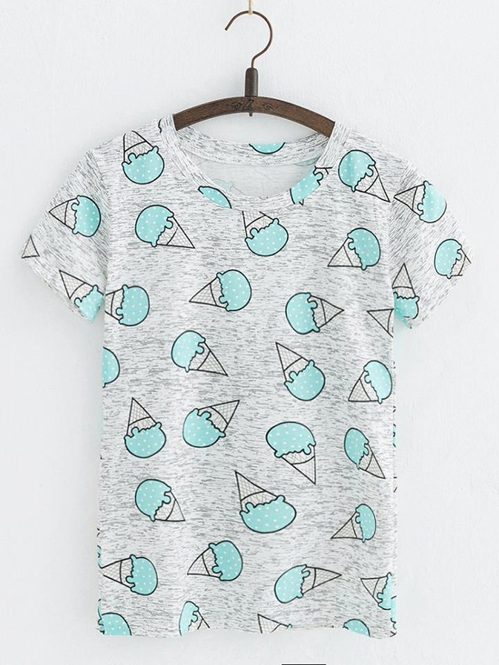 Choies Gray Cotton Ice Cream Print Chic Women T-shirt