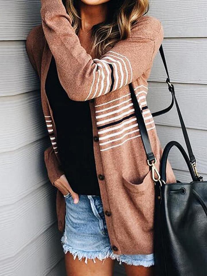 Choies Brown Contrast Panel Button Placket Front Long Sleeve Cardigan