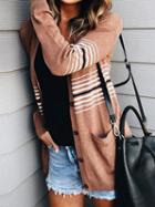 Choies Brown Contrast Panel Button Placket Front Long Sleeve Cardigan