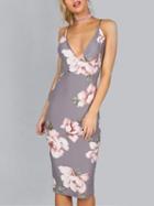 Choies Purple V-neck Floral Backless Boddycon Dress
