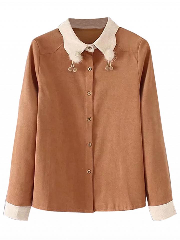 Choies Khaki Pom Pom Detail Long Sleeve Shirt