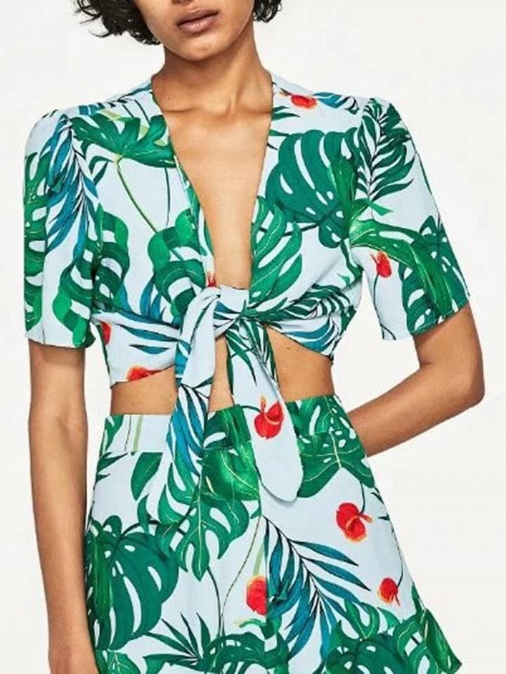 Choies Green Tropical Leaves Print Tie Front Crop Top