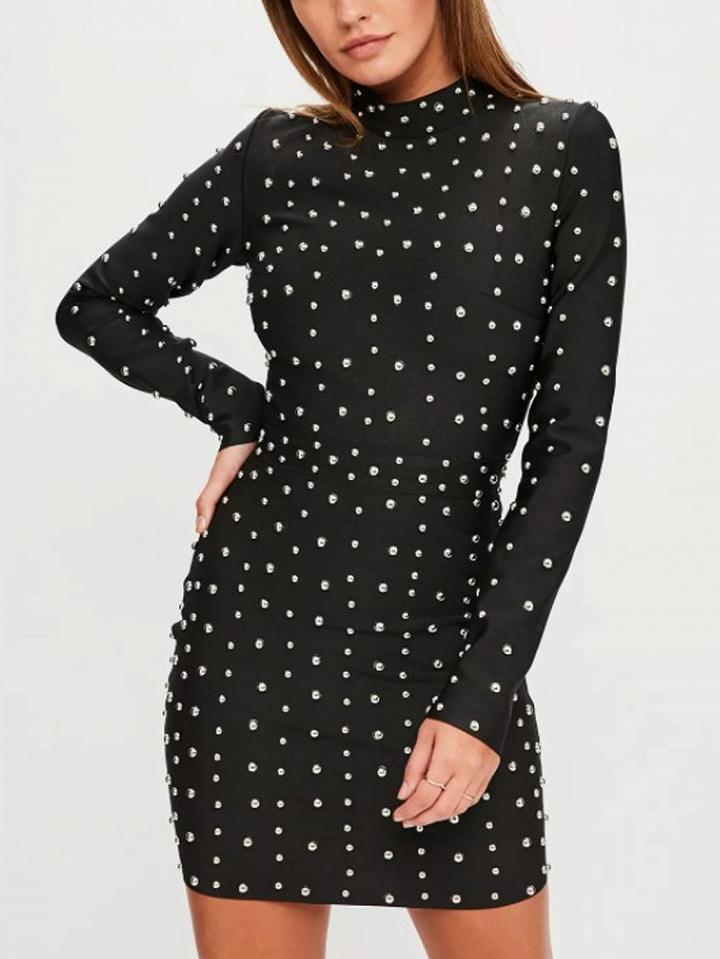 Choies Black High Neck Beaded Detail Long Sleeve Bodycon Mini Dress