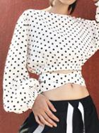 Choies White Polka Dot Print Tie Waist Puff Sleeve Chic Women Crop Blouse