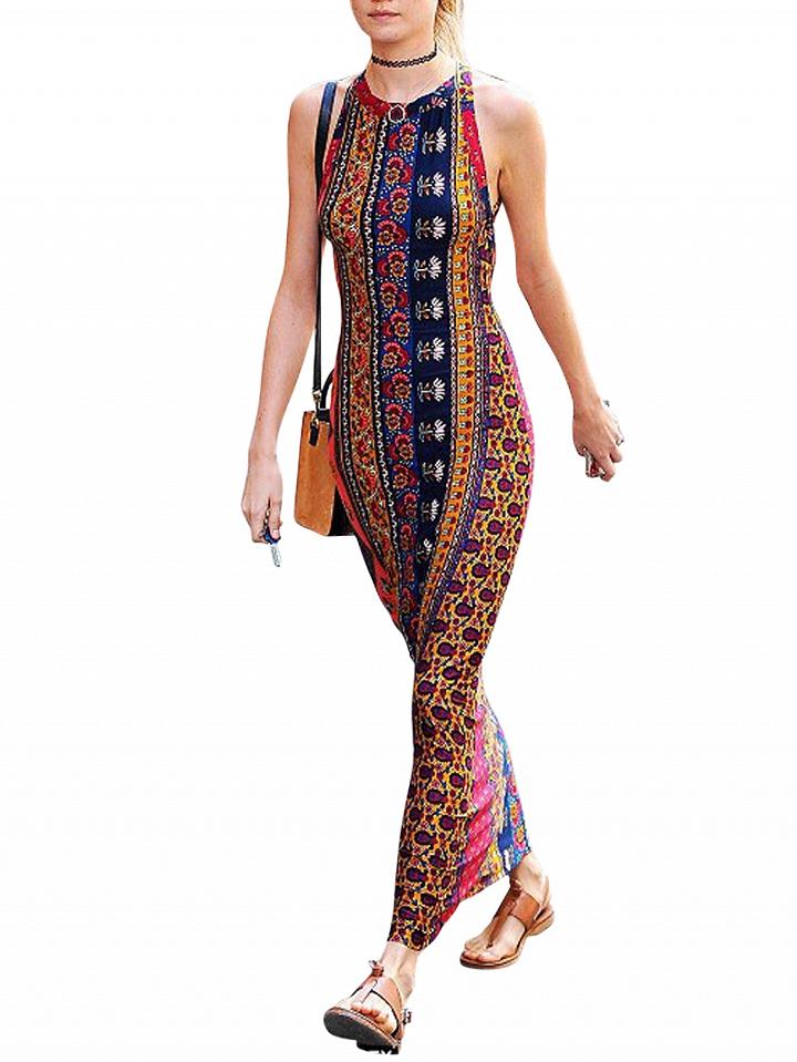 Choies Polychrome Tribal Print Cross Strap Back Maxi Dress