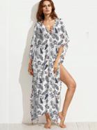 Choies White Lace Up Leaf Print Pom Poms Side Split Maxi Beach Dress