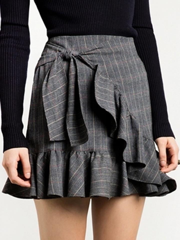 Choies Gray Plaid Tie Waist Asymmetric Ruffle Mini Skirt