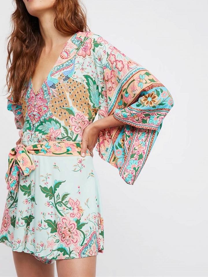 Choies Polychrome V-neck Tie Waist Peacock Print Romper Playsuit