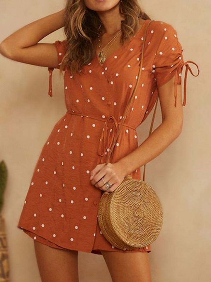 Choies Brown V-neck Polka Dot Print Tie Waist Chic Women Mini Dress