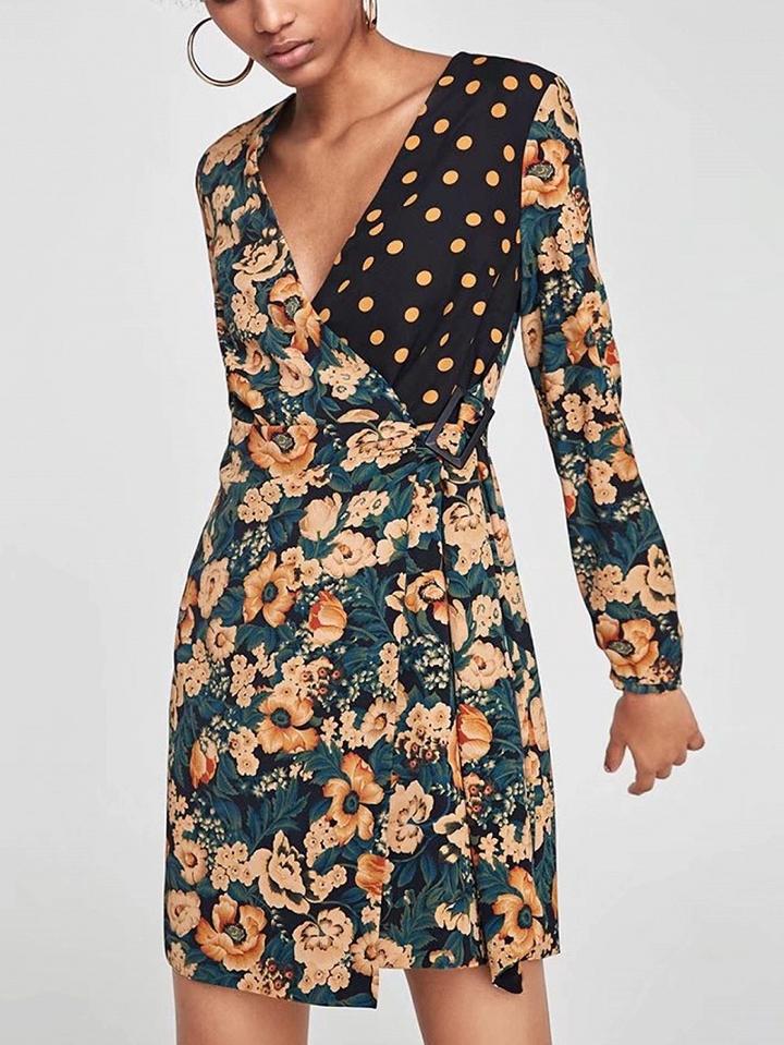 Choies Polychrome V-neck Floral Long Sleeve Dress