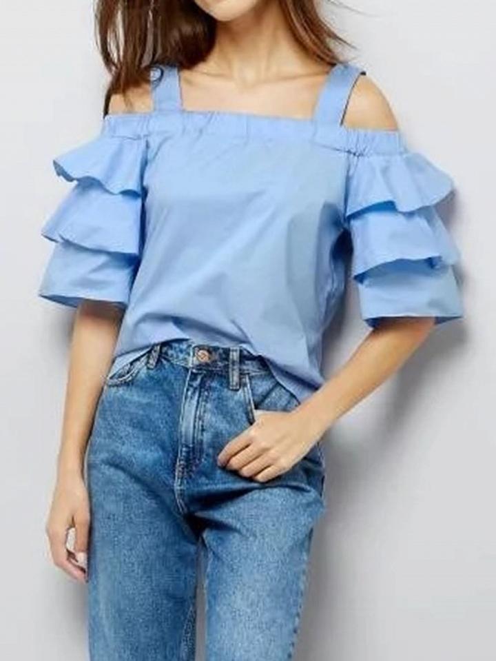 Choies Blue Off Shoulder Ruffle Sleeve Blouse Top