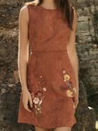 Choies Brown Faux Suede Embroidery Floral Sleeveless A-line Dress