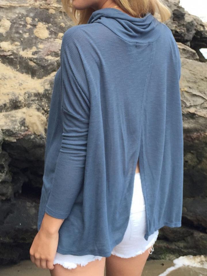 Choies Blue Cowl Neck Back Split Long Sleeve T-shirt