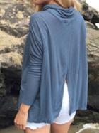 Choies Blue Cowl Neck Back Split Long Sleeve T-shirt