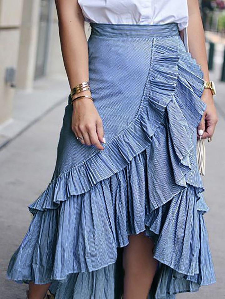 Choies Blue Cotton High Waist Layered Ruffle Trim Chic Women Hi-lo Midi Skirt