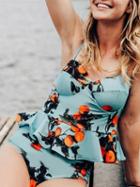 Choies Blue Fruit Print Ruffle Trim Bikini Top And High Waist Bottom