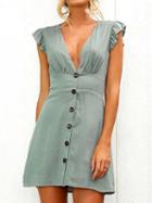 Choies Green Plunge Button Placket Front Frill Trim Mini Dress