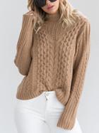 Choies Camel Cold Shoulder Cable Long Sleeve Chunky Knit Sweater