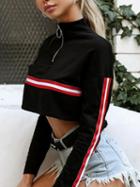 Choies Black Cotton High Neck Stripe Panel Long Sleeve Chic Women Crop Top