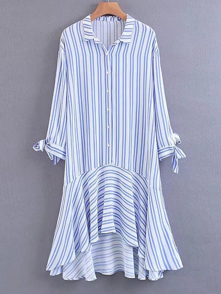 Choies Blue Stripe Shirt Collar Bow Tie Sleeve Ruffle Dipped Hem Dress