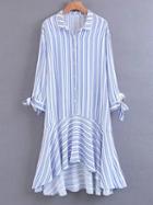 Choies Blue Stripe Shirt Collar Bow Tie Sleeve Ruffle Dipped Hem Dress