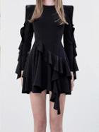 Choies Black Ruffle Trim Layered Flare Sleeve Chic Women Mini Dress