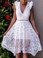 Choies White Plunge Cut Out Open Back Embroidery Lace Dress
