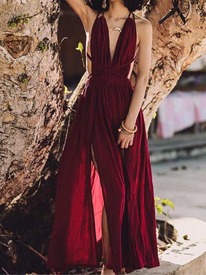 Choies Burgundy Cotton Plunge Open Back Chic Women Cami Maxi Dress