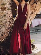 Choies Burgundy Cotton Plunge Open Back Chic Women Cami Maxi Dress