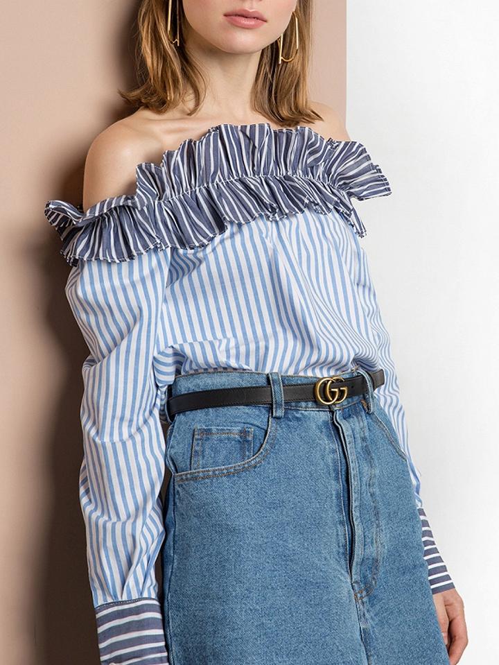 Choies Blue Stripe Off Shoulder Frill Contrast Trim Long Sleeve Shirt