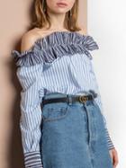 Choies Blue Stripe Off Shoulder Frill Contrast Trim Long Sleeve Shirt