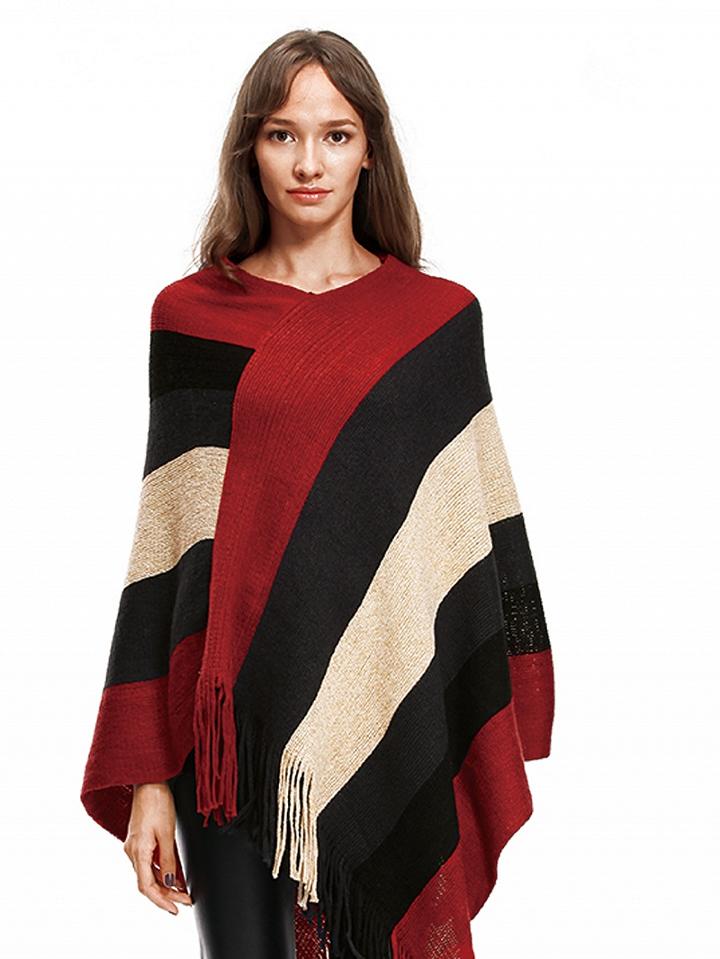 Choies Red V-neck Geo Pattern Fringe Hem Knit Poncho