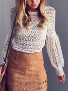 Choies White Crew Neck Puff Sleeve Lace Blouse