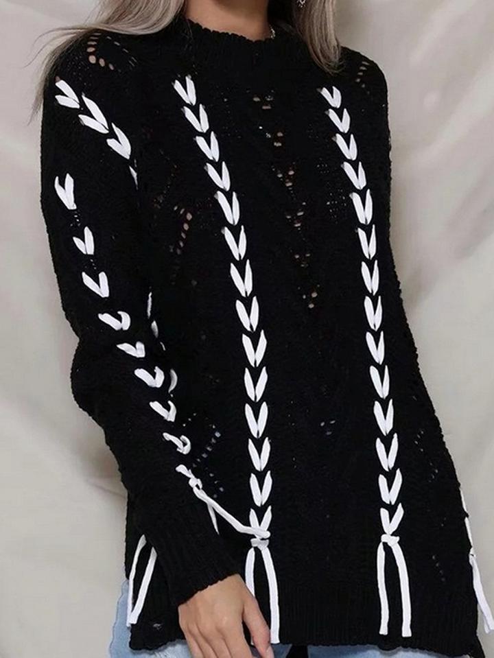 Choies Black Lace Up Split Side Long Sleeve Chic Women Knit Sweater