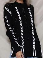 Choies Black Lace Up Split Side Long Sleeve Chic Women Knit Sweater