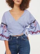 Choies Blue V-neck Embroidery Tie Side Cropped Wrap Blouse