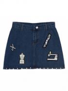 Choies Blue High Waist Embroidery Beaded Detail A-line Denim Skirt