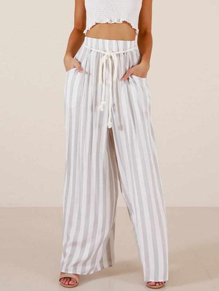 Choies White Stripe Cotton High Waist Pocket Detail Chic Women Wide Leg Pants