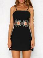 Choies Black Embroidery Floral Open Back Spaghetti Strap Mini Dress