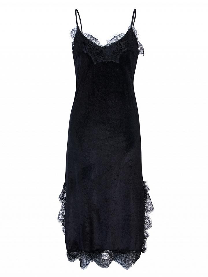 Choies Black Velvet Spaghetti Strap Lace Trim Side Split Maxi Dress