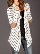 Choies White Stripe Long Sleeve Pu Elbow Water Fall Cardigan